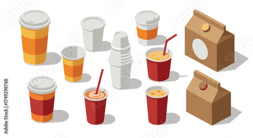 Isometric assorted takeout coffee cups and boxes set for beverage branding