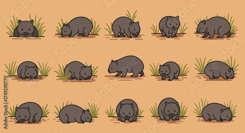 Rows of cartoon wombats in various poses against a tan background