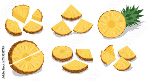 Fresh pineapple slices collection on white background with green leaves
