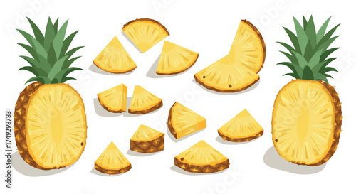 Fresh pineapple slices and halves with leaves on white background