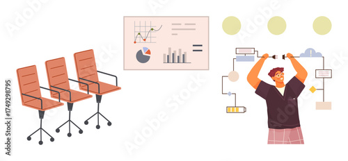 Office chairs aligned near data charts and a person organizing workflow diagrams. Ideal for teamwork, process management, analysis, brainstorming, leadership, innovation, and workplace efficiency