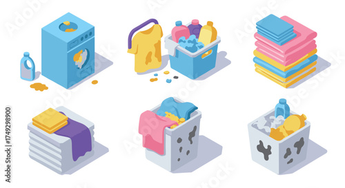 Isometric laundry room essentials with colorful detergents and clothing