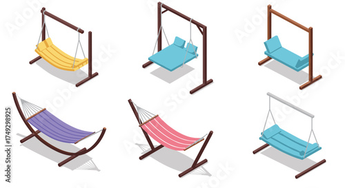 Set of isometric hammock designs featuring various colors and stands