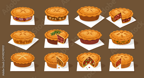 Twelve assorted individual pies displayed in three rows of four on a brown background