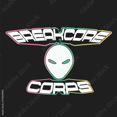 Futuristic Urban Style Bold Typography of 'Breakcore Corps' with Alien Head with Gradient Foil Sticker Mockup Design