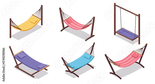 Isometric set of colorful hammocks on stands for relaxation and outdoor spaces