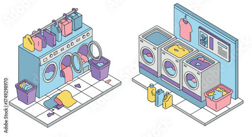 Isometric laundry room with washing machines and clothes in modern design