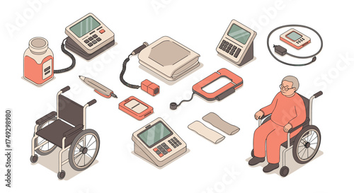 Elderly healthcare equipment isometric icons set with wheelchair and medical devices