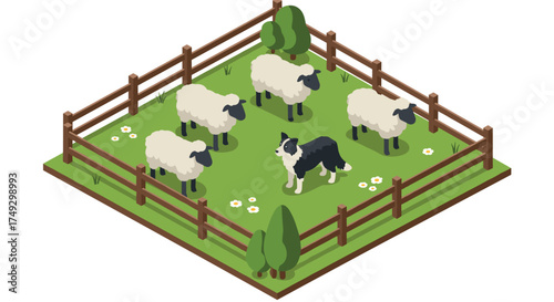 Isometric farm scene with sheep and dog in a fenced pasture