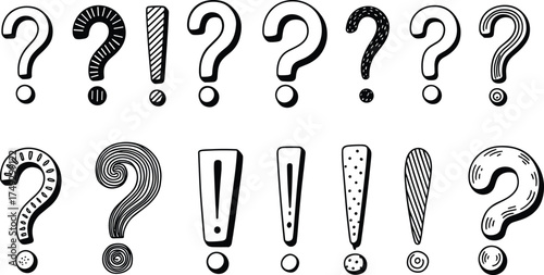 Collection of hand-drawn question marks and exclamation points symbols for design