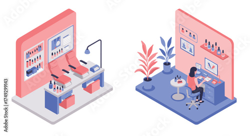 Modern isometric nail salon and home manicure setup with minimalist design