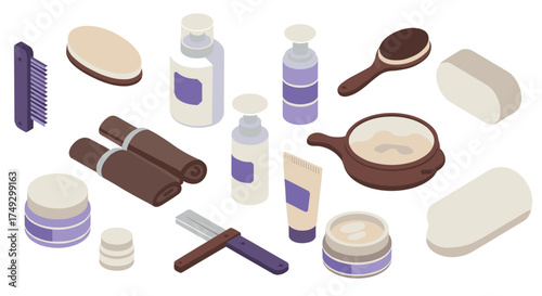 Isometric spa essentials with bottles, towels, and grooming accessories