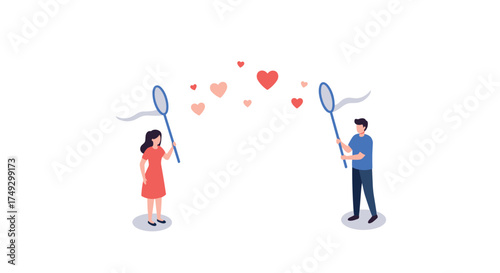 Couple catching love with nets: isometric hearts and romance concept