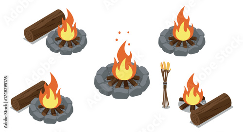 Cozy campfire scenes with logs and firewood in isometric style for outdoor adventure
