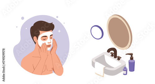 Man applying facial mask and modern bathroom sink illustration