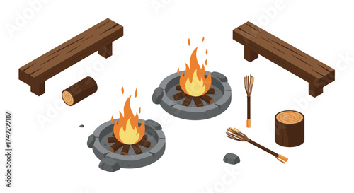 Isometric campfire scene with benches, logs, and roasting sticks