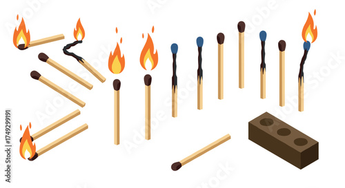Isometric matchstick fire sequence with domino effect and brick barrier