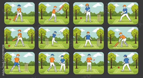 Twelve panels illustrating the sequence of a cricket match action