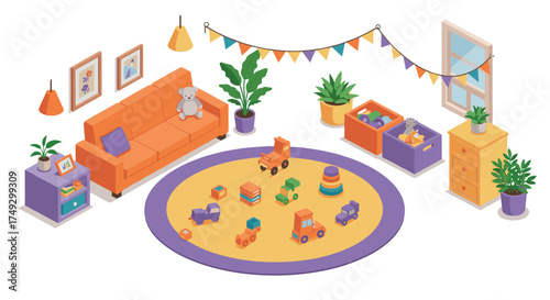Cozy playroom with toys and plants in a bright isometric interior design
