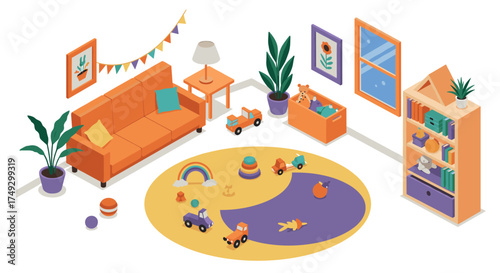 Cozy playroom with orange sofa and toys in isometric design