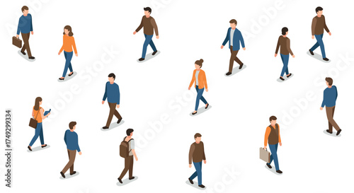 Isometric people walking: casual everyday outfits in motion