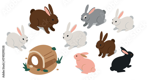 Isometric rabbits with cozy hideaway: cute bunny collection in pastel tones