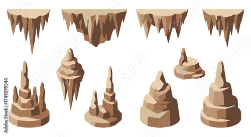 Geometric cave formations collection: stalactites and stalagmites set in flat style