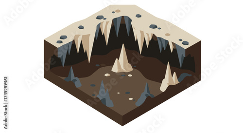 Isometric cave cross-section with stalagmites and rocks in detailed earth layers
