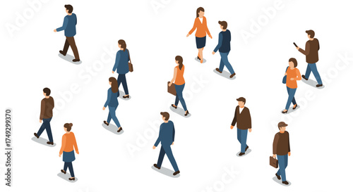 Isometric walking people: diverse crowd on the move with modern style