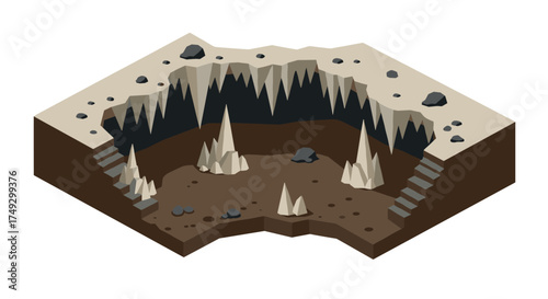 Isometric underground cave with rocks and stalactites