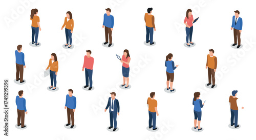 Diverse isometric business people set on white background with various poses and office outfits