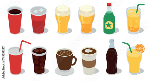 Isometric collection of various drinks including coffee, juice, and soda