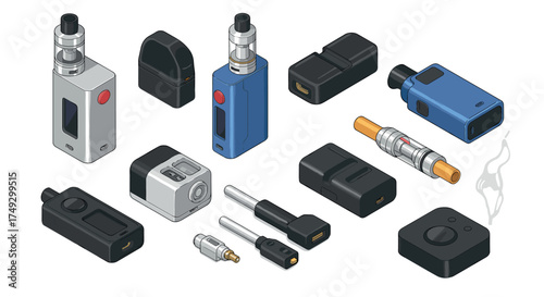 Variety of modern vaping devices and accessories in isometric style