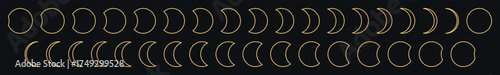 Thin line golden moon phase cycle icon set isolated on black background, elegant vector outline illustration showing lunar transition, spiritual calendar symbol collection for design and astrology use