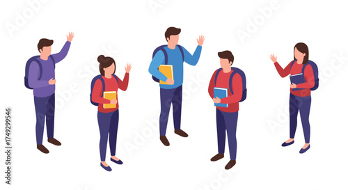 Group of diverse students interacting with books and backpacks in isometric style