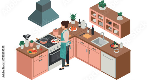 Isometric kitchen scene with woman cooking in modern interior setting