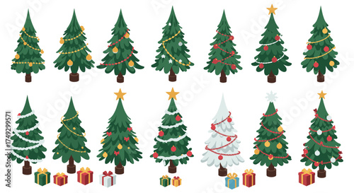 Festive christmas trees collection with decorations and gifts