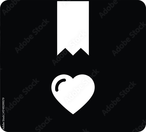 Black shipping box icon with a white heart symbol and tape on a white background