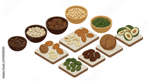 Assorted nuts and seeds in bowls and on squares: isometric design with cashews, almonds, and pumpkin seeds