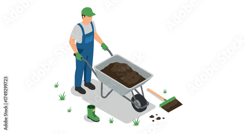 Worker in overalls with a wheelbarrow full of soil on grass
