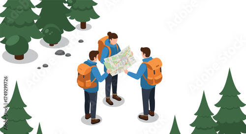Isometric winter hiking adventure with map in forest landscape