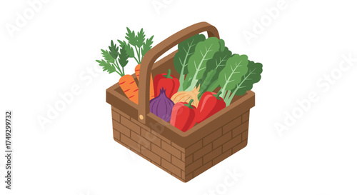 Fresh vegetable basket with carrots, spinach, and peppers in flat design