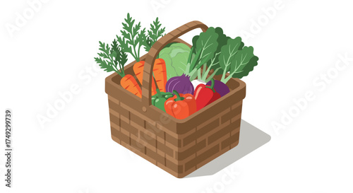 Fresh organic vegetables in woven basket on white background