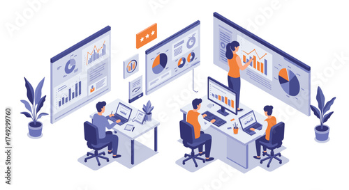 Isometric office team analyzing business data with digital charts and graphs