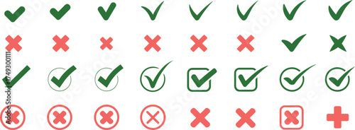 Collection of checkmarks and crosses various styles and colors for selection and confirmation icons