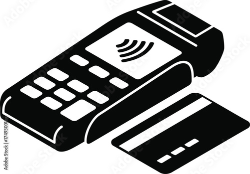 Black and white isometric icon of a credit card reader with a credit card and contactless payment symbol