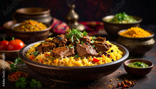 Mandi rice dish with grilled pieces of camel meat