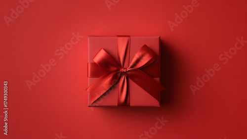 Elegant red gift box with satin ribbon bow on red background