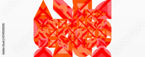 Abstract geometric composition. Red triangles create complex pattern, resembling mosaic or fractured surface. Minimalist design, vibrant color.