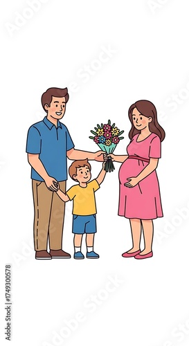 Family Celebrating Pregnancy with Flowers and Love Illustration.